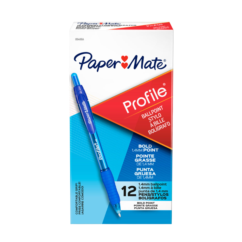 Paper Mate Profile Ballpoint Pens - Retractable - 1.4mm - Blue - 12 Pack