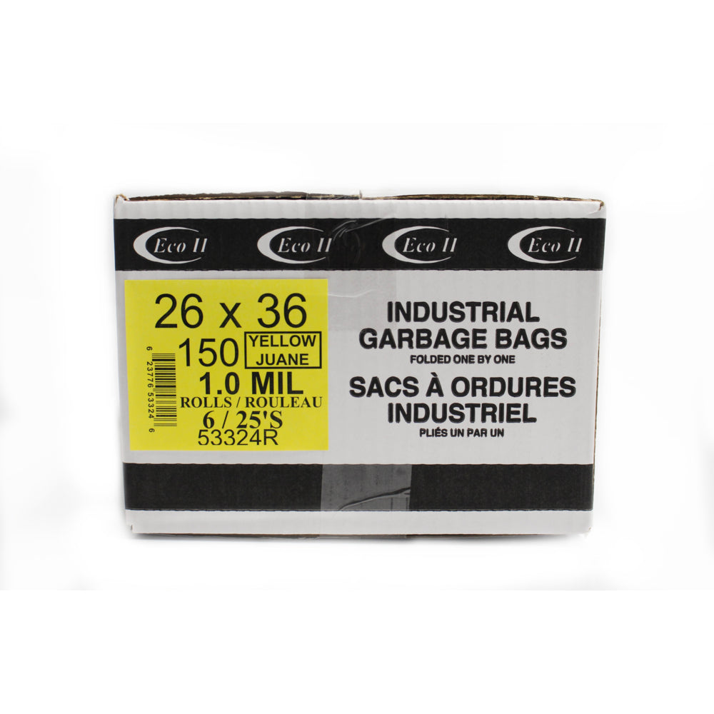 Eco II Garbage Bags - 26" x 36" - 1MIL - Yellow - 25/Roll, 6 Pack, 150 Pack