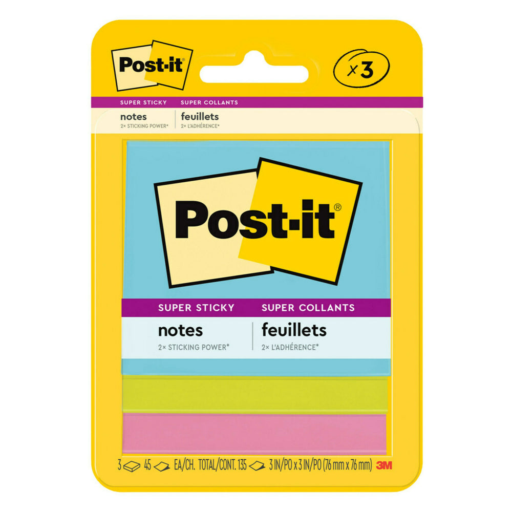 Post-it Super Sticky Notes - 3" x 3" - Supernova Neons Collection - 135 sheets - 3 Pack