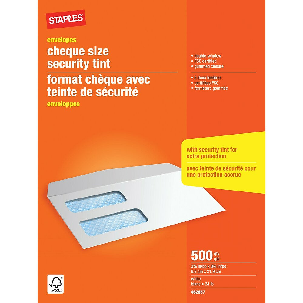Enveloppes de sécurité Staples n° 8 à double fenêtre et rabats gommés - 3-5/8" x 8-5/8" - Paquet de 500