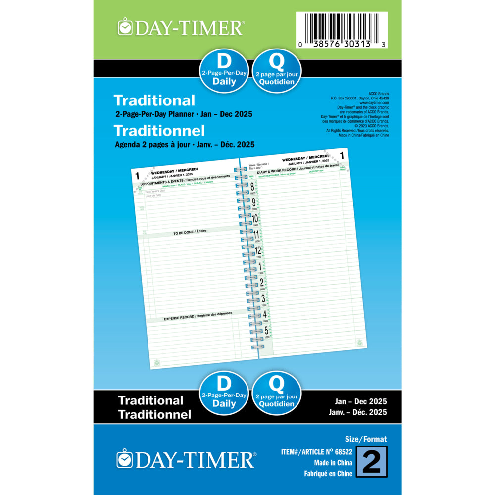Day-Timer 2025 Wirebound Dated Refill 2 Pages/Day Pocket - 6-1/2" H x 3-1/2" W - Bilingual