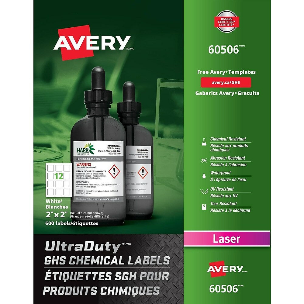 Étiquettes chimiques Avery UltraDuty blanches GHS, 5,1 x 5,1 cm, paquet de 600 (60506)