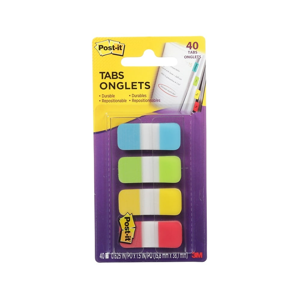 Onglets Post-it 676-ALYR-C, 0,5" x 1,5", couleurs primaires, 10 onglets/couleur, paquet de 4 couleurs