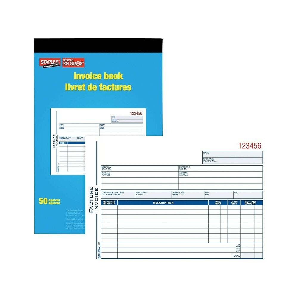 Staples Bilingual Invoice Book - 50 Duplicates - Carbonless - Staple Bound - 6" x 8"