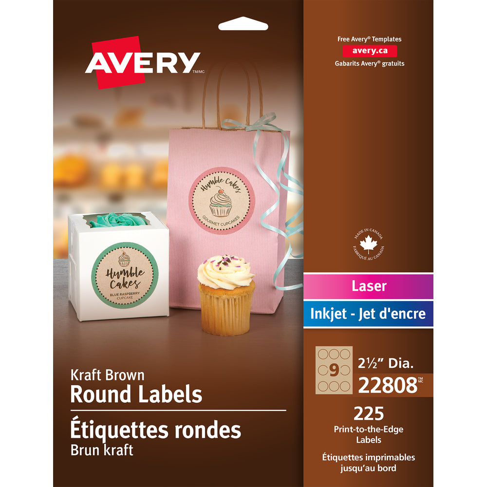 Avery Kraft Brown Laser/Inkjet Permanent Print-to-the-Edge Round Labels, 2-1/2", 225 Pack (22808)