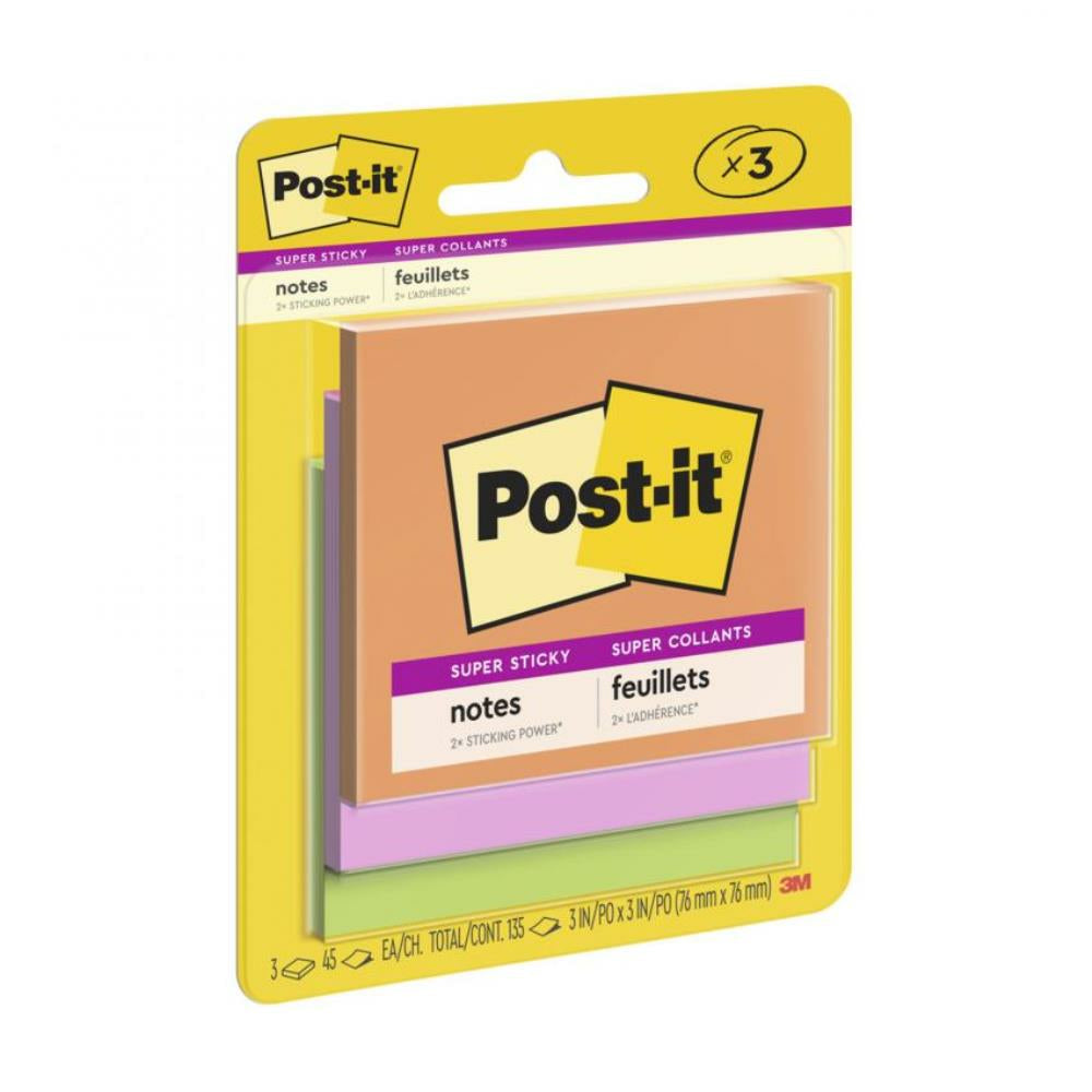 Post-it Super Sticky Notes, Energy Boost Collection, 3" x 3" (76 mm x 76 mm), 3 Pads/Pack