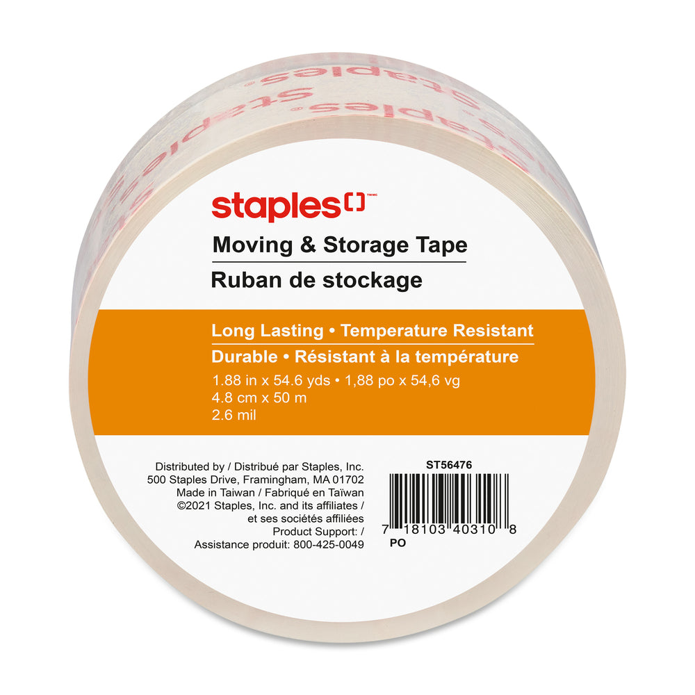 Ruban d'emballage robuste Staples de qualité supérieure, 48 mm x 50 m x 2,6 mm, transparent