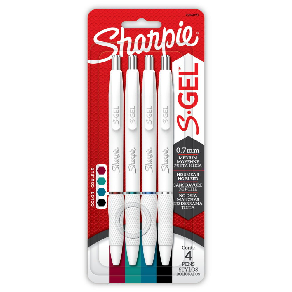 Stylos gel Sharpie S-Gel Fashion Barrel – Corps blanc nacré – Pointe moyenne – 0,7 mm – Assortiment de couleurs classiques actualisé – Lot de 4
