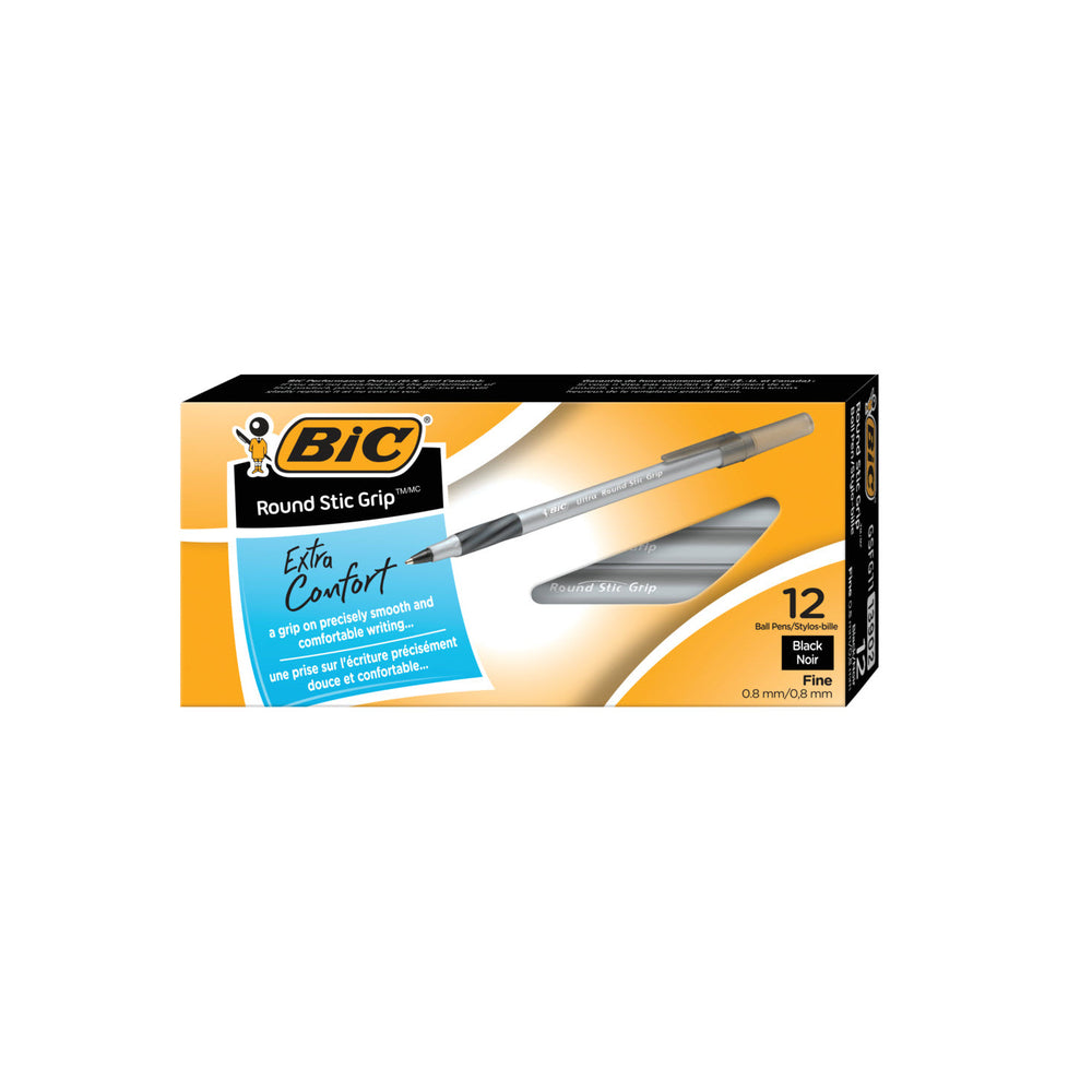 BIC Round Stic Grip Ballpoint Stick Pens - 0.8mm - Black - 12 Pack
