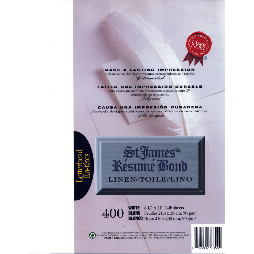 St. James Resume Bond - 24 lb. - Linen - 8.5" x 11" - White - 400 Sheets