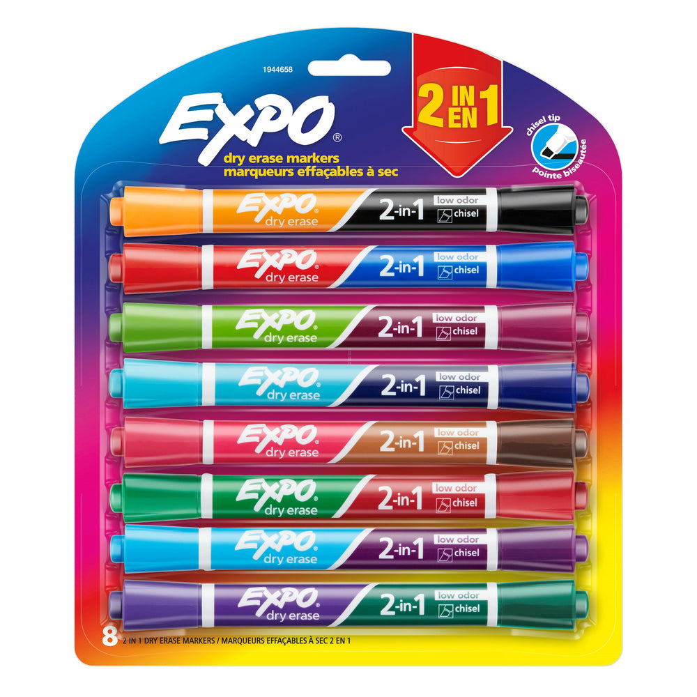 Expo 2in1 Low Odour Dry Erase Markers, Chisel, 16 Assorted Colours, 8 Pack