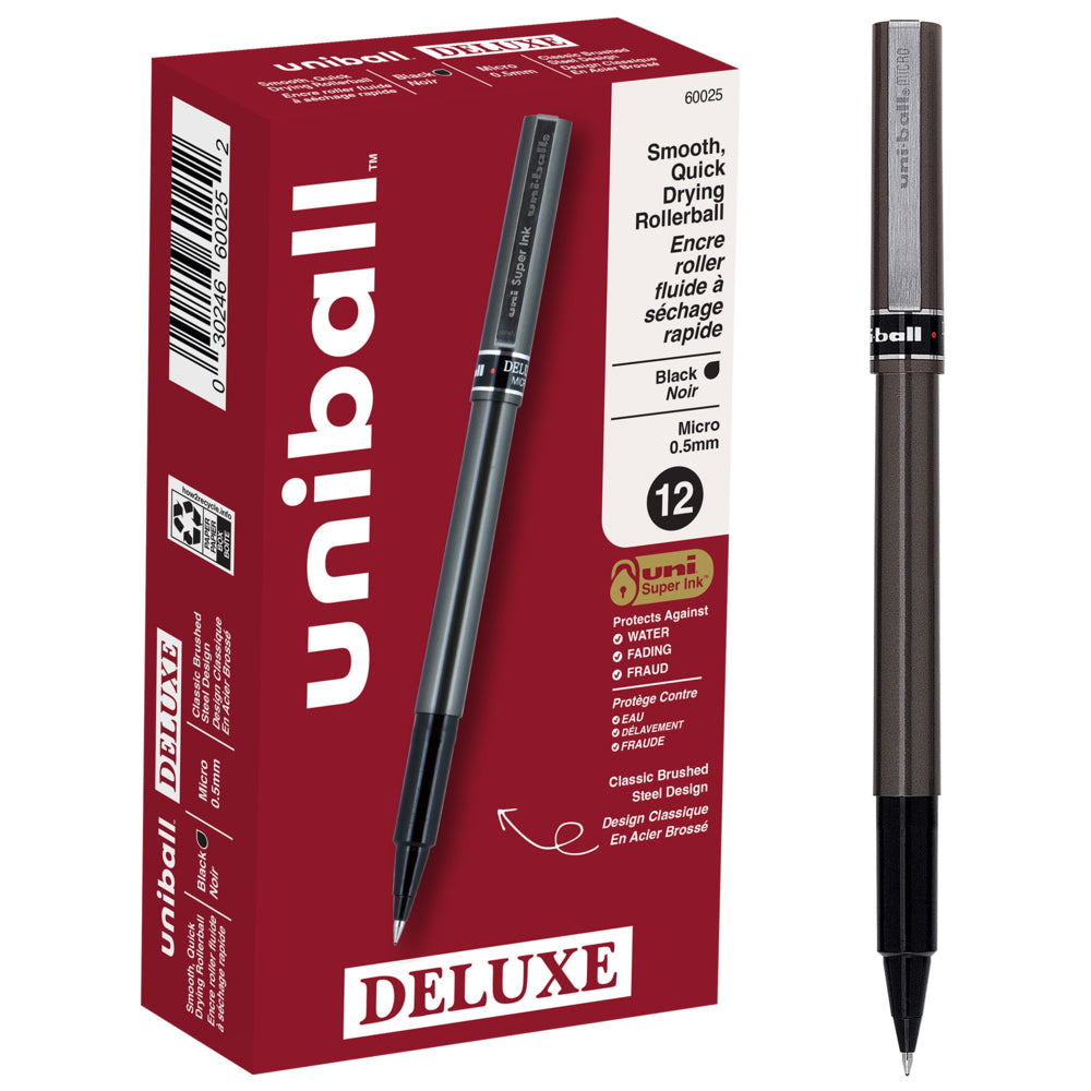 uni-ball Deluxe Rollerball Pens - Micro Point (0.5mm) - Black - 12 Pack