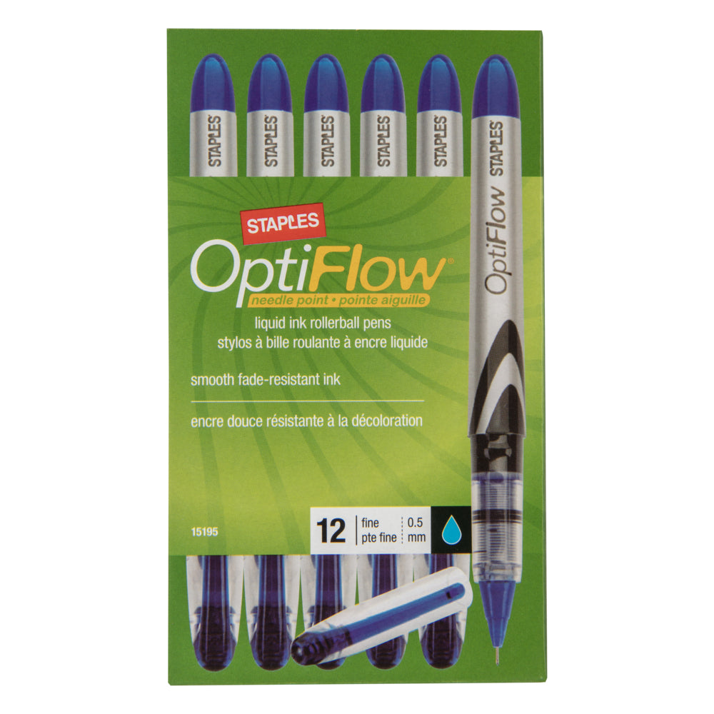 Staples OptiFlow Needle-Tip Rollerball Pens - 0.5 mm - Blue - 12 Pack