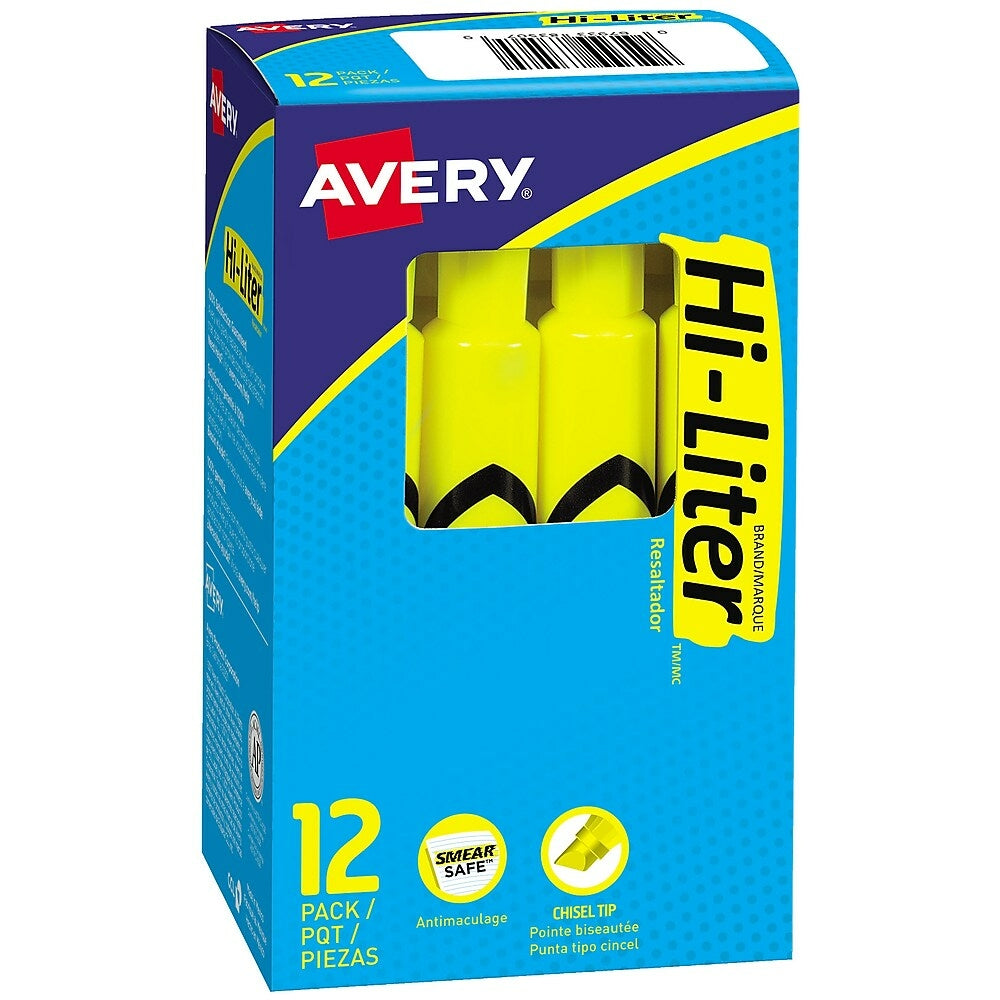 Avery Hi-Liter Chisel Tip Tank-Style Highlighters - Yellow - 12 Pack