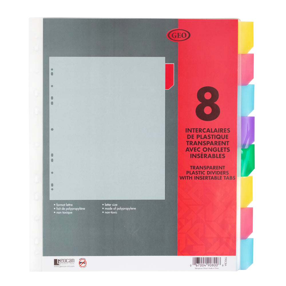 Geocan Transparent Plastic Dividers - 8.5" W x 11" L - 8 Colored Tabs