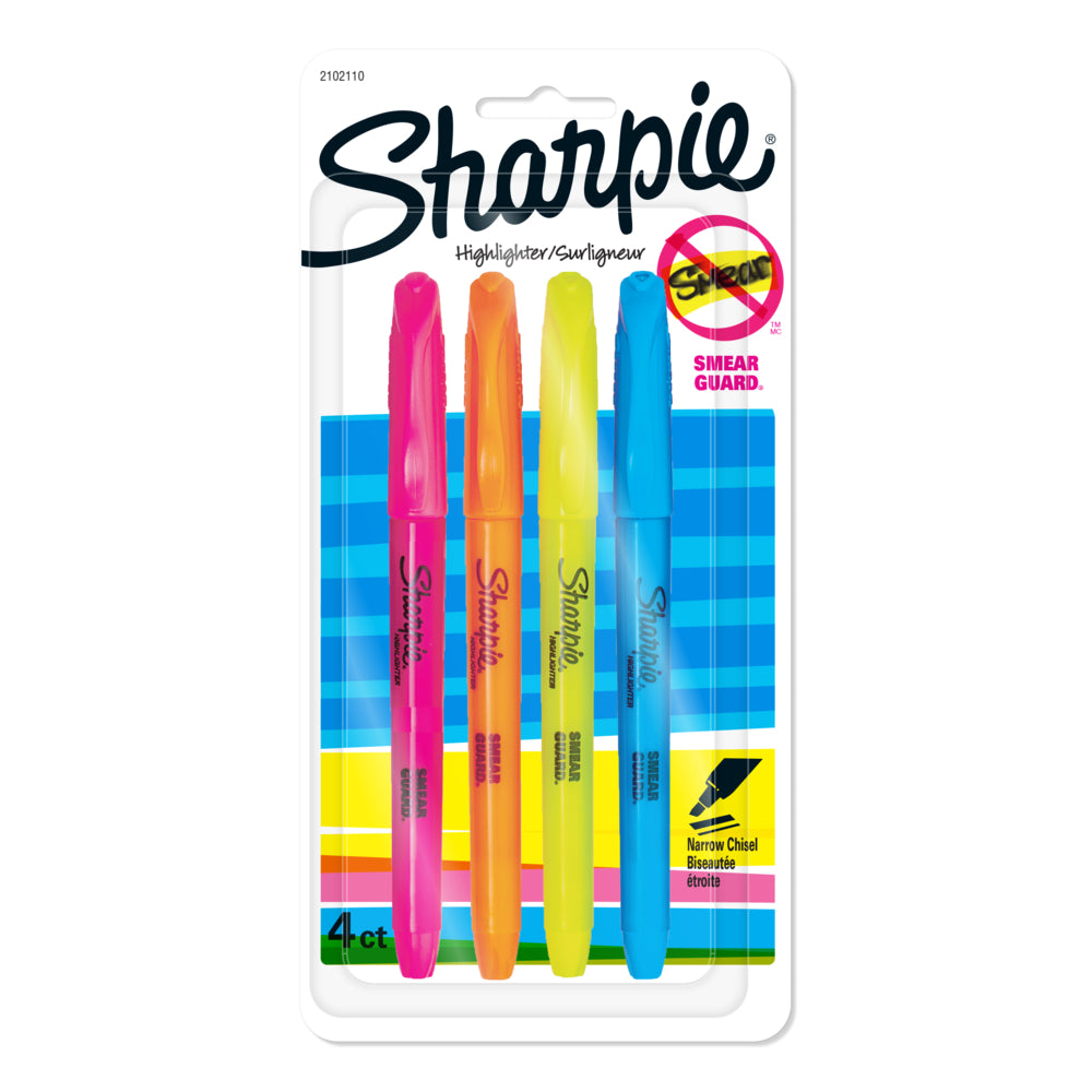 Surligneurs Sharpie de poche à pointe biseautée – Couleurs assorties – Lot de 4