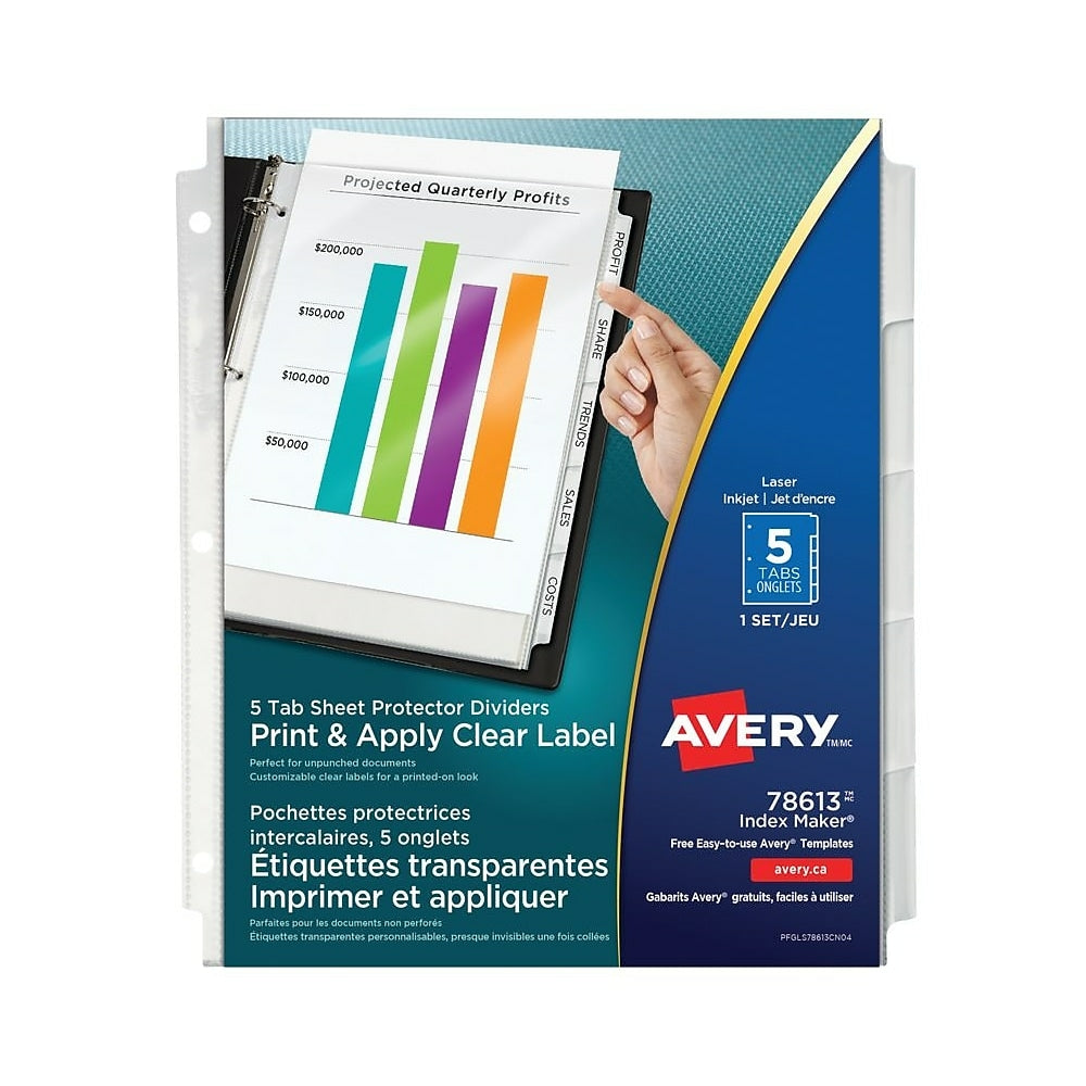 Avery Index Maker Print and Apply Clear Label Sheet Protector Dividers - 5 Tabs - Clear