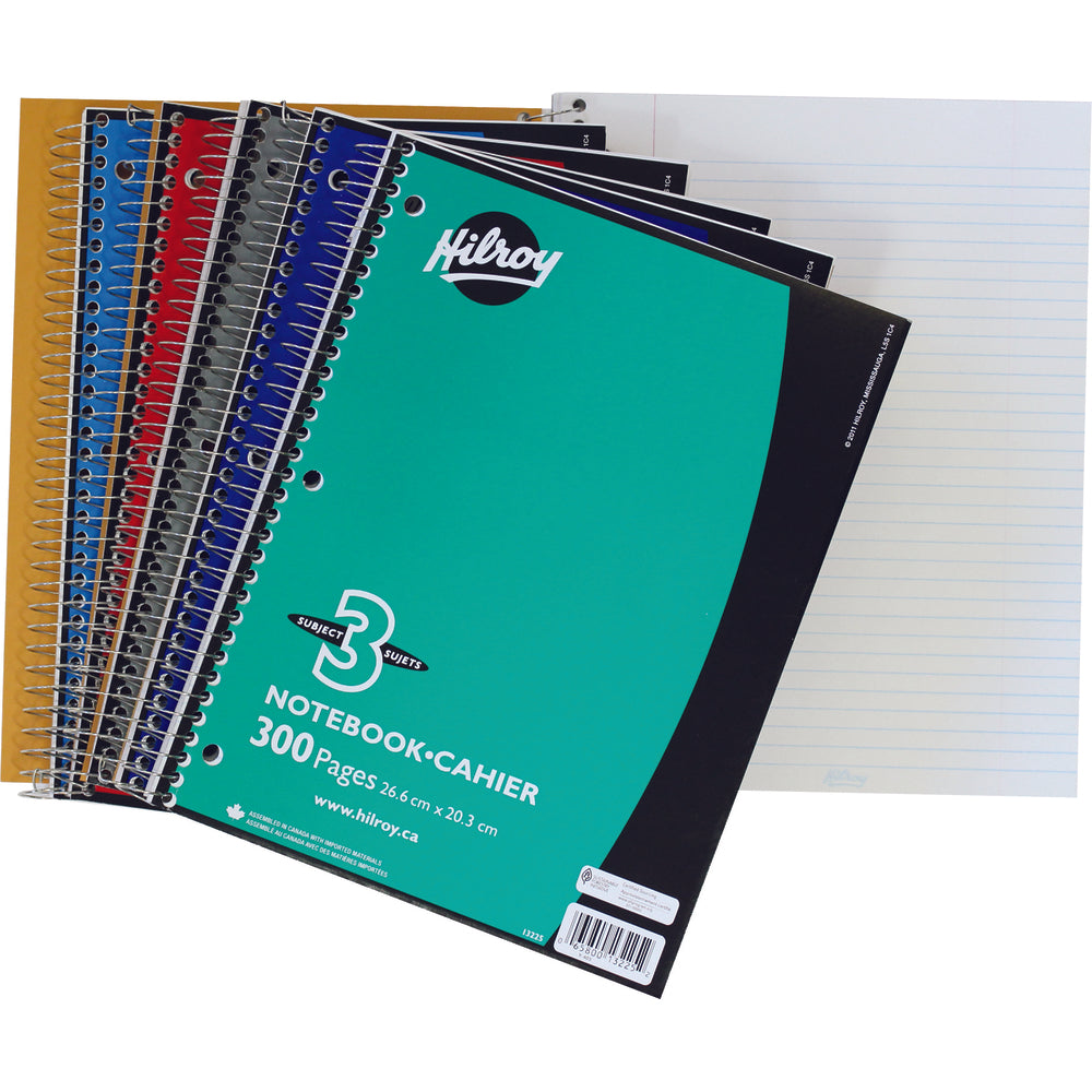 Cahier Hilroy 3 sujets, ligné, perforé 3 trous, couleurs assorties, 26,5 x 20,3 cm, 300 pages