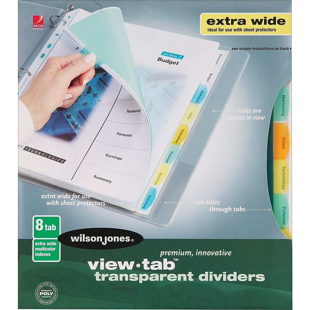 Intercalaires transparents extra-larges Wilson Jones - 8 onglets - Multicolore