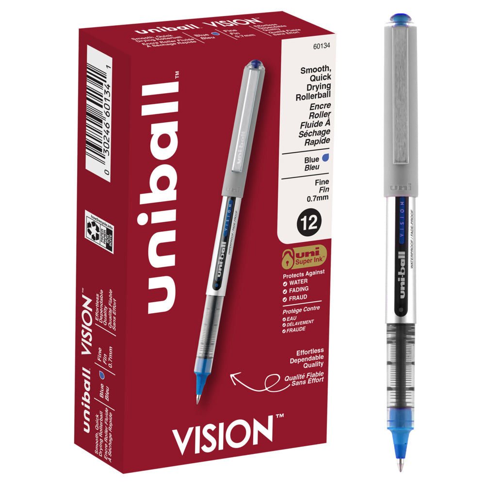 uni-ball Vision Rollerball Pens - Fine Point (0.7mm) - Blue - 12 Pack