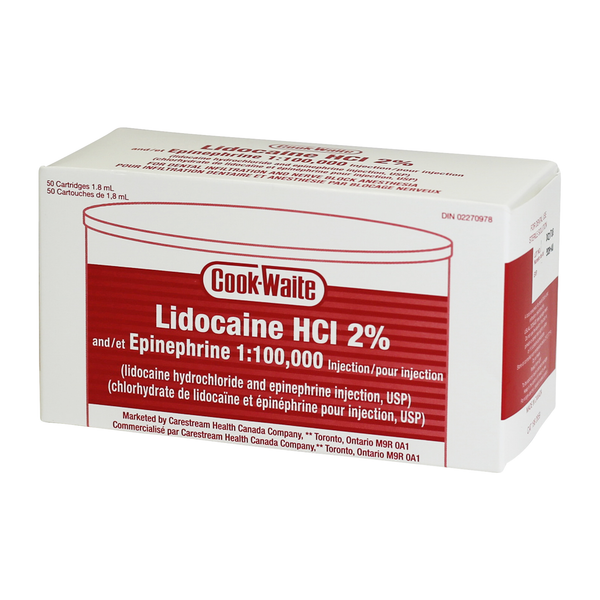 Cook-Waite Lidocaine HCl 2% w/ Epi 1:100,000, (Red) 50x1.7ml Carp/Bx