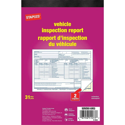 Carnet de rapports d'inspection de véhicules bilingue Staples - 31 duplicatas - Autocopiant - 5-9/16" x 8-7/16"