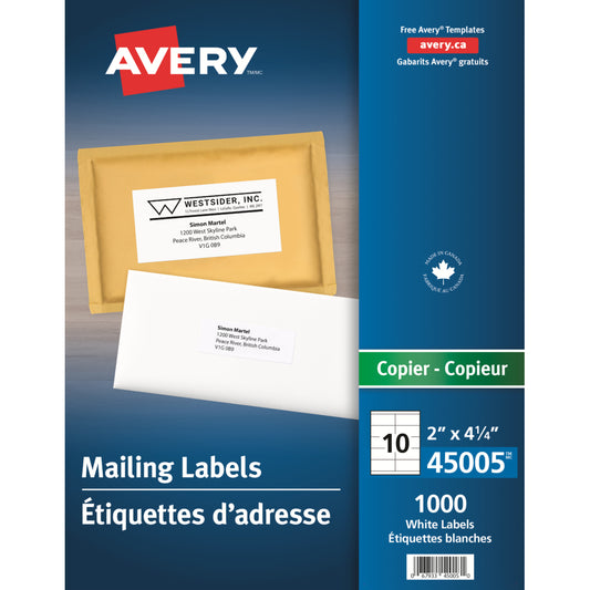 Étiquettes d'adresse Avery pour copieurs, blanches, 4-1/4" x 2", paquet de 1 000