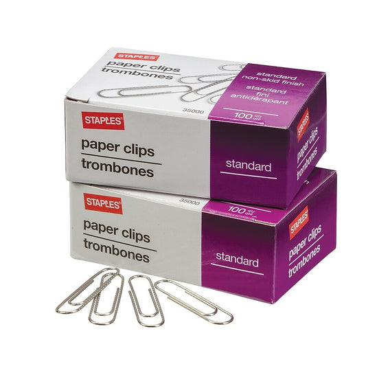 Staples Number 1 Size Paper Clips - Non-Skid - Nickel Finish - 100 Clips Per Box - 5 Pack