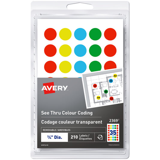 Avery See Thru Removable Colour-Coding Labels, 3/4" Round, Assorted, 210 Pack (2369)