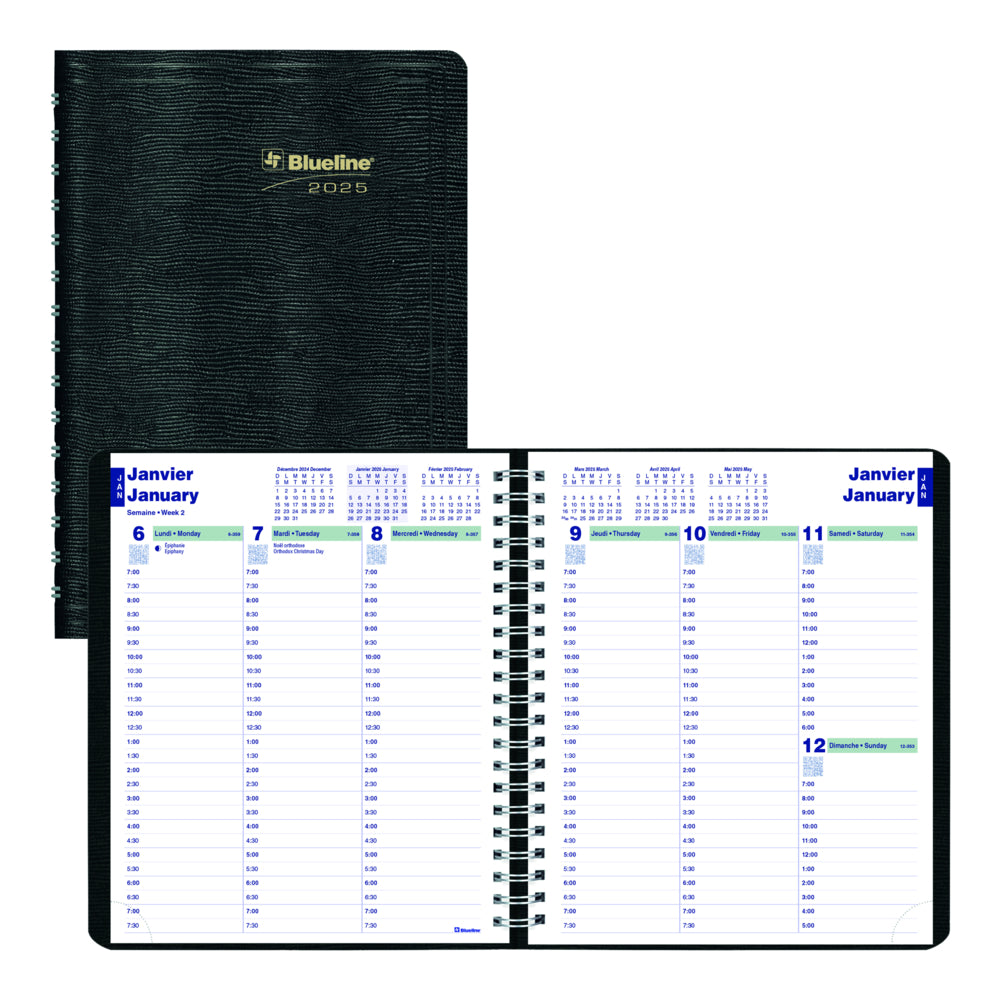 Blueline 2025 Weekly Planner Spiral Binding - 8" x 6-1/2" - Black - Bilingual