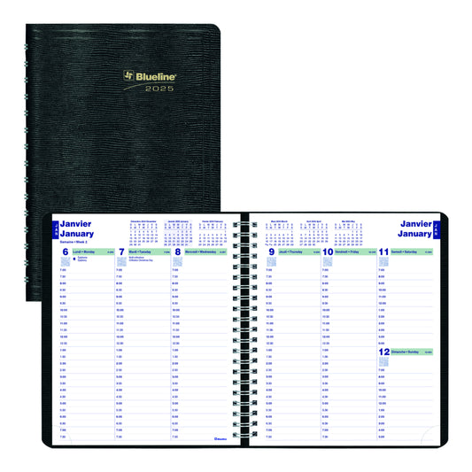 Blueline 2025 Weekly Planner Spiral Binding - 8" x 6-1/2" - Black - Bilingual