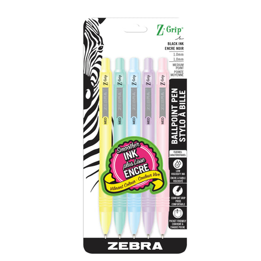 Stylo à bille Z-Grip - Corps pastel - Encre arrière - Lot de 5