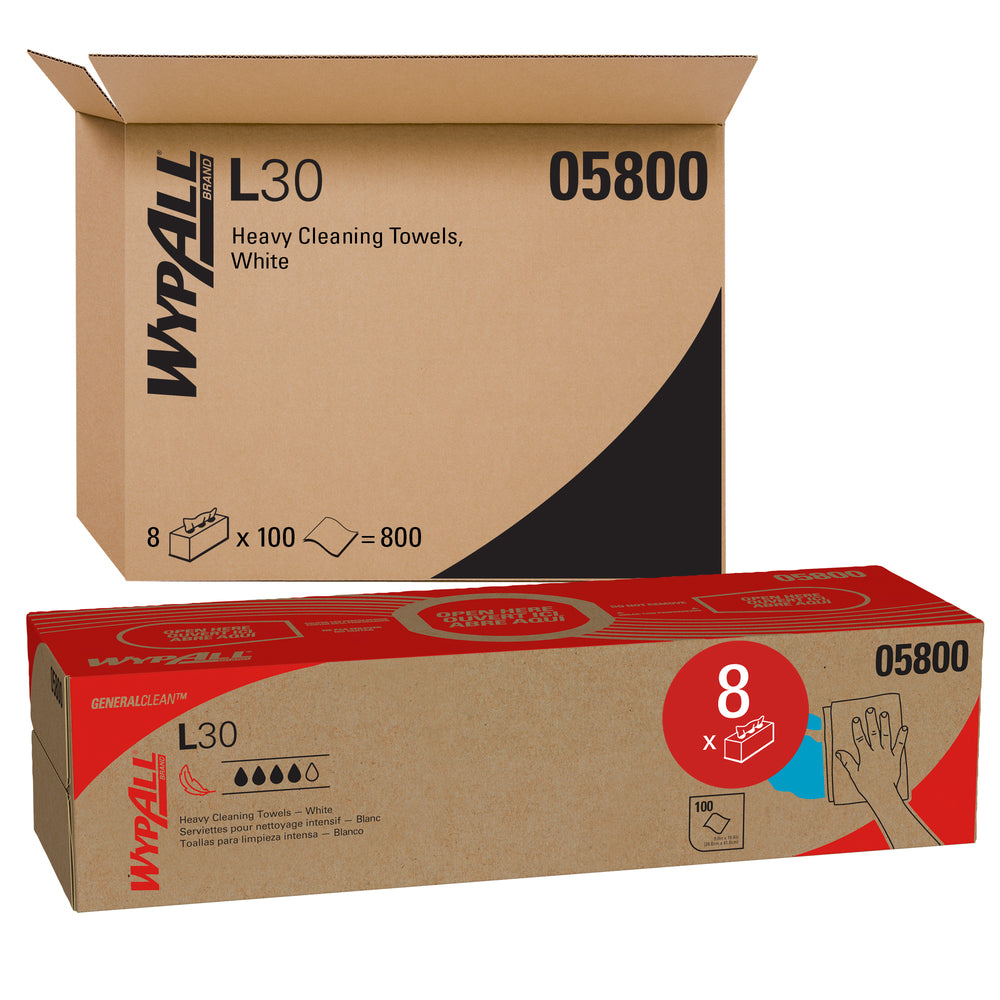 WypAll General Clean L30 Heavy Cleaning Towels (05800) - Strong and Soft Wipes - White - 8 Packs of 100 Sheets per Pack