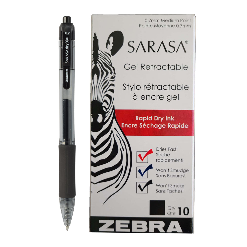 Stylos gel Zebra Sarasa, rétractables, 0,7 mm, noirs, lot de 10