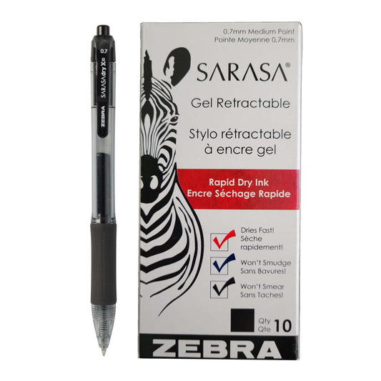 Stylos gel Zebra Sarasa, rétractables, 0,7 mm, noirs, lot de 10