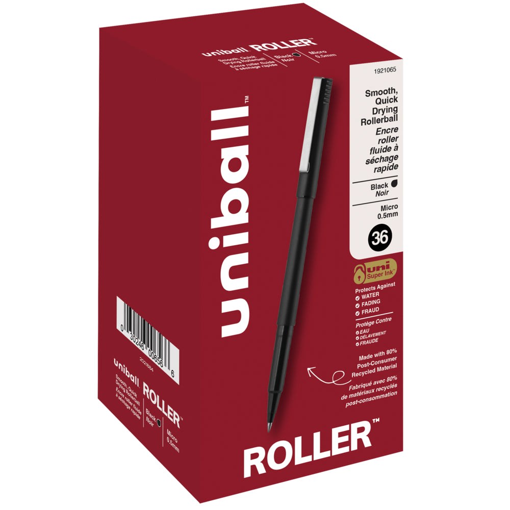 Stylo roller recyclé Uni-Ball - Micropointe - 0,5 mm - Noir - Lot de 36