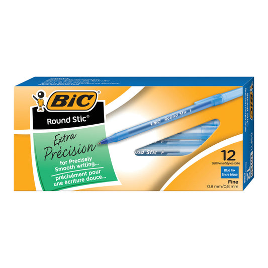 BIC Round Stic Extra Value Ballpoint Stick Pens - Fine Tip - Blue - 12 Pack