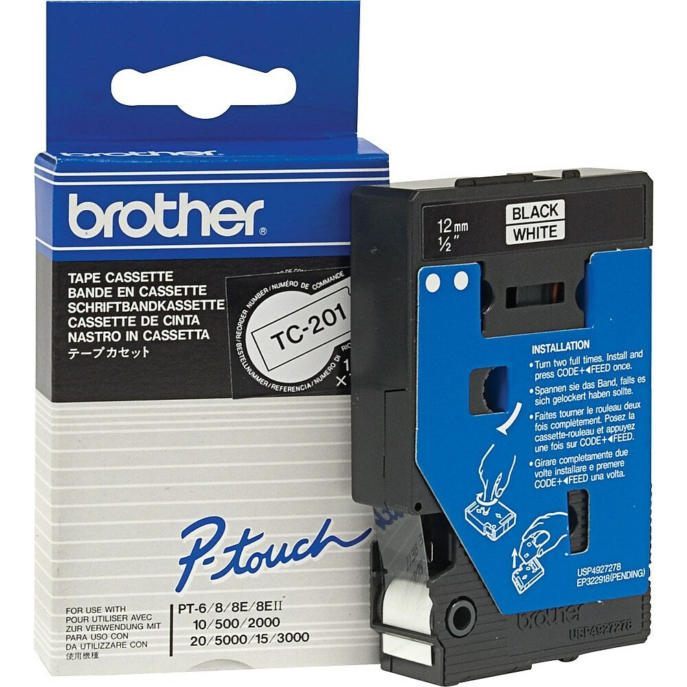 Brother Label Tape, 12mm Black on White, TC201