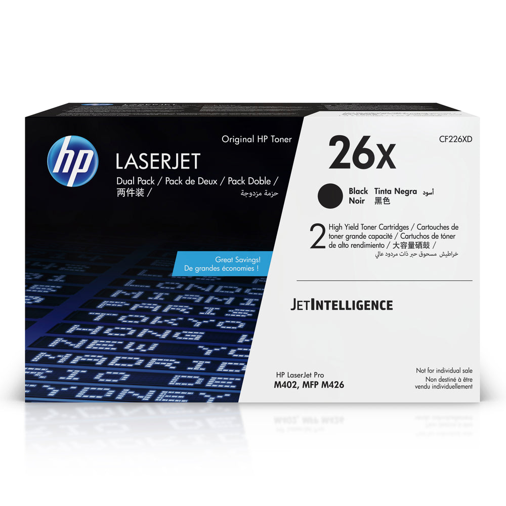 Cartouche de toner noir HP 26X (CF226XD) LaserJet d'origine, haut rendement, paquet de 2