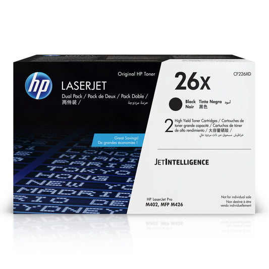 HP 26X (CF226XD) Black Original LaserJet Toner Cartridge, High Yield, 2/Pack