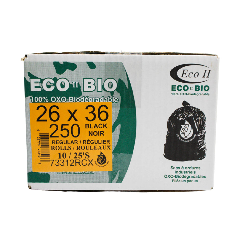 Eco II Oxo-Biodegradable Garbage Bags - 26" x 36" - Regular - Black -  25/Roll - 250 Pack