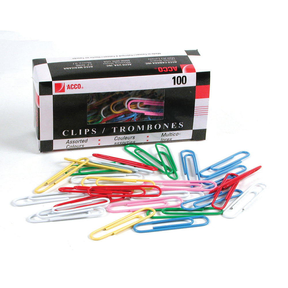 ACCO Vinyl Coated Coloured Paper Clips - 2" - Assorted Colours - 100 Pack
