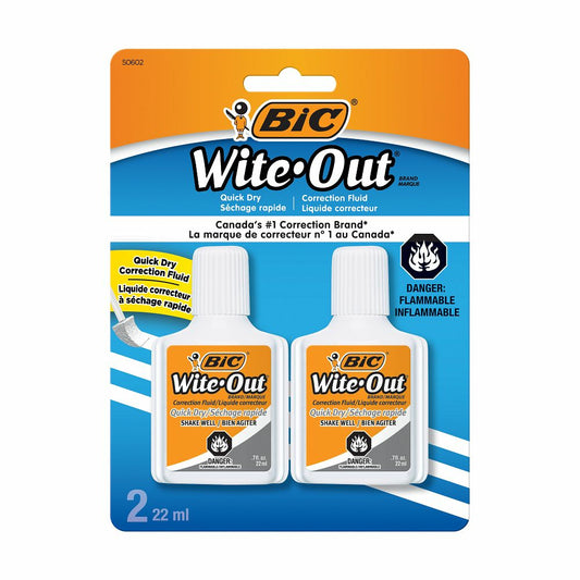 BIC Wite-Out Brand Quick Dry Correction Fluid - 20 mL - White - 2 Pack
