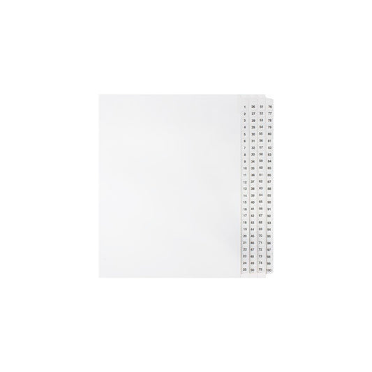Onglets numériques Sterling, n° 1 à 100, blancs, format lettre, coupe 1/25e, 100/jeu, 1/pqt