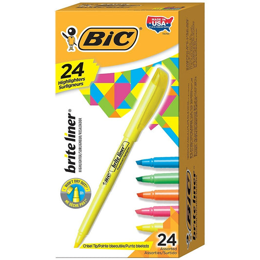BIC Brite Liner Chisel Tip Pen-Style Highlighters - Assorted Colours - 24 Pack