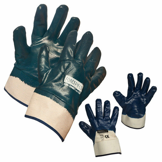 Gants de travail Forcefield en nitrile bleu entièrement enduits – Doublure en coton – Manchette de sécurité – Taille unique – Paire