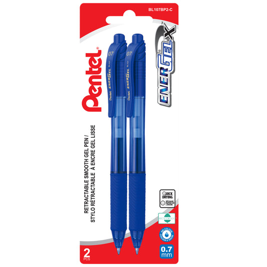 Pentel EnerGel-X Retractable Gel Roller - 0.7mm Metal Tip - Red Ink - 2 Pack