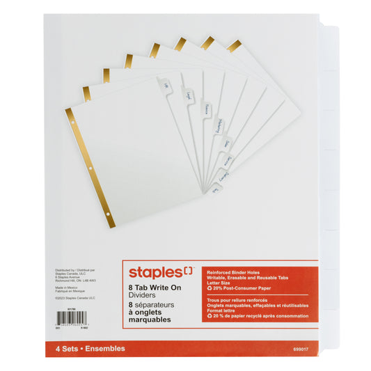 Intercalaires effaçables Staples à 8 onglets – Blanc – Paquet de 4