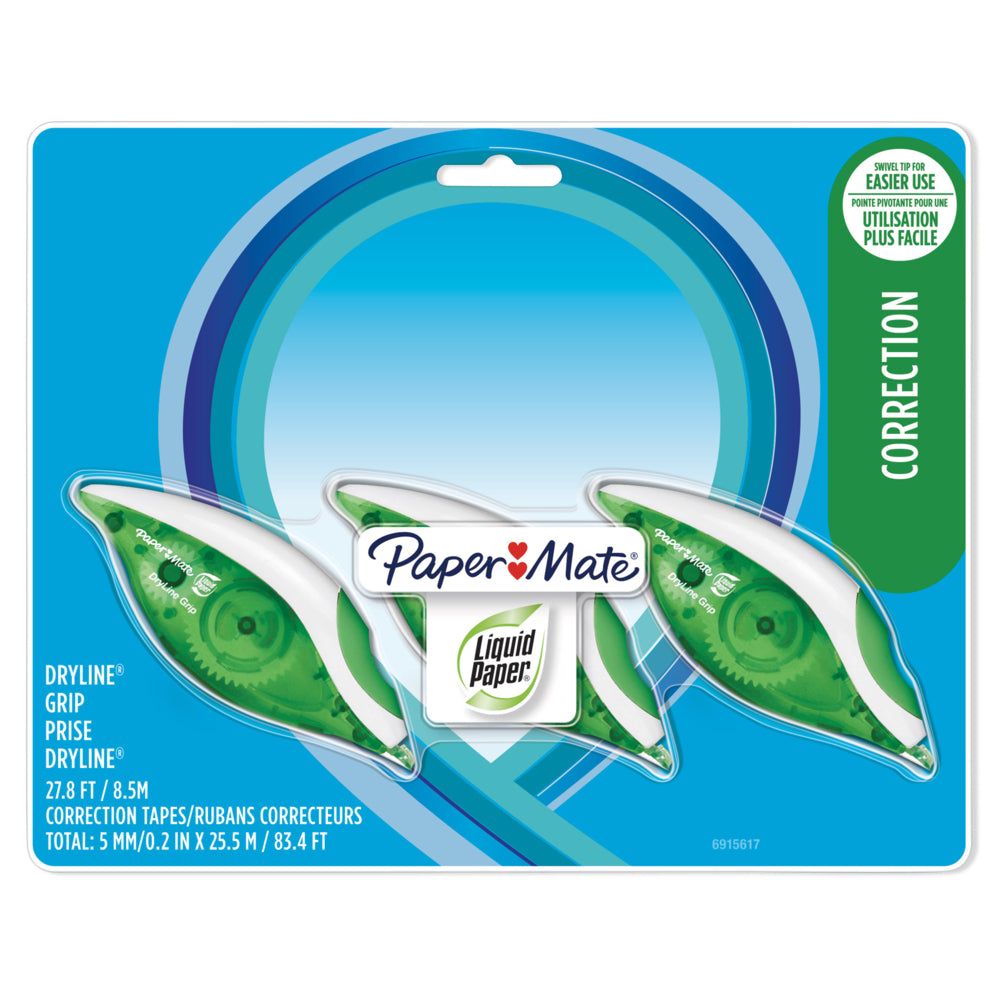 Paper Mate Liquid Paper DryLine Grip Correction Tape - 3 Pack