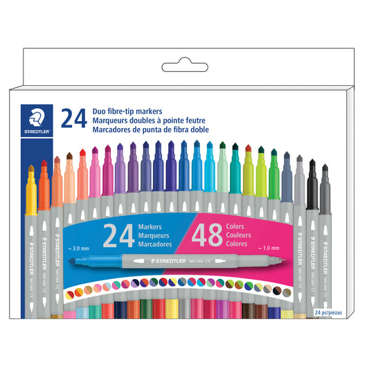 Staedtler Double Ended Fibre Tip Markers, 0.5mm to 0.8mm and 3.0mm tips - 24 Pack - Assorted